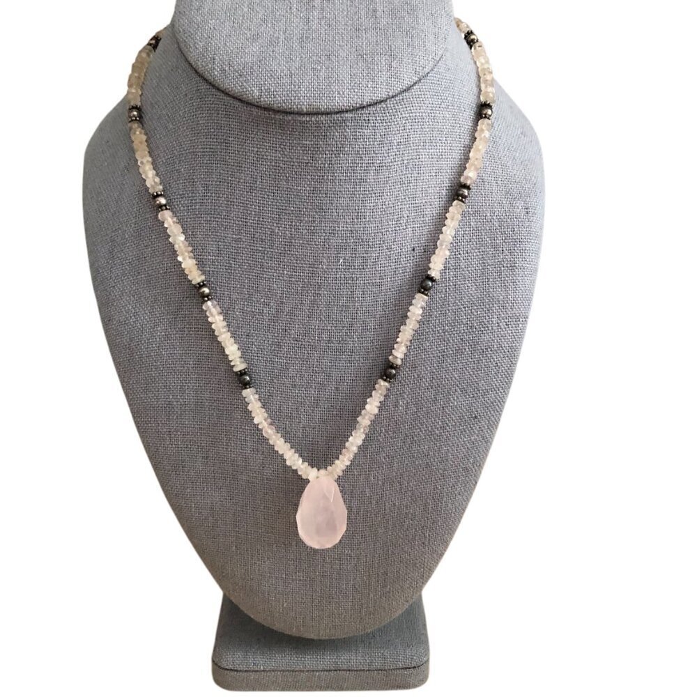 Rose Quartz Teardrop & Crystal Bead Silver Necklace Regency Bridgerton Romance